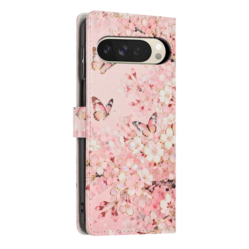 For Google Pixel 10 Pro XL Wallet Case Pattern Printing PU Leather Stand Flip Phone Cover with Wrist Strap - Pink Sakura Butterfly