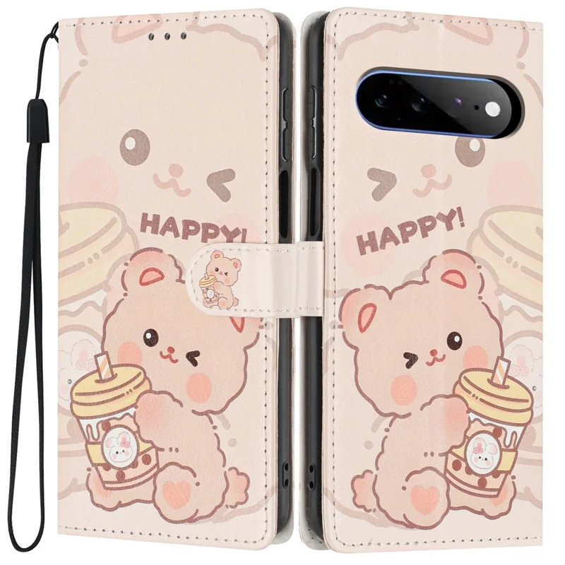 For Google Pixel 11 Pro XL Wallet Case Pattern Printing PU Leather Stand Flip Phone Cover with Wrist Strap - Milk Tea Bear