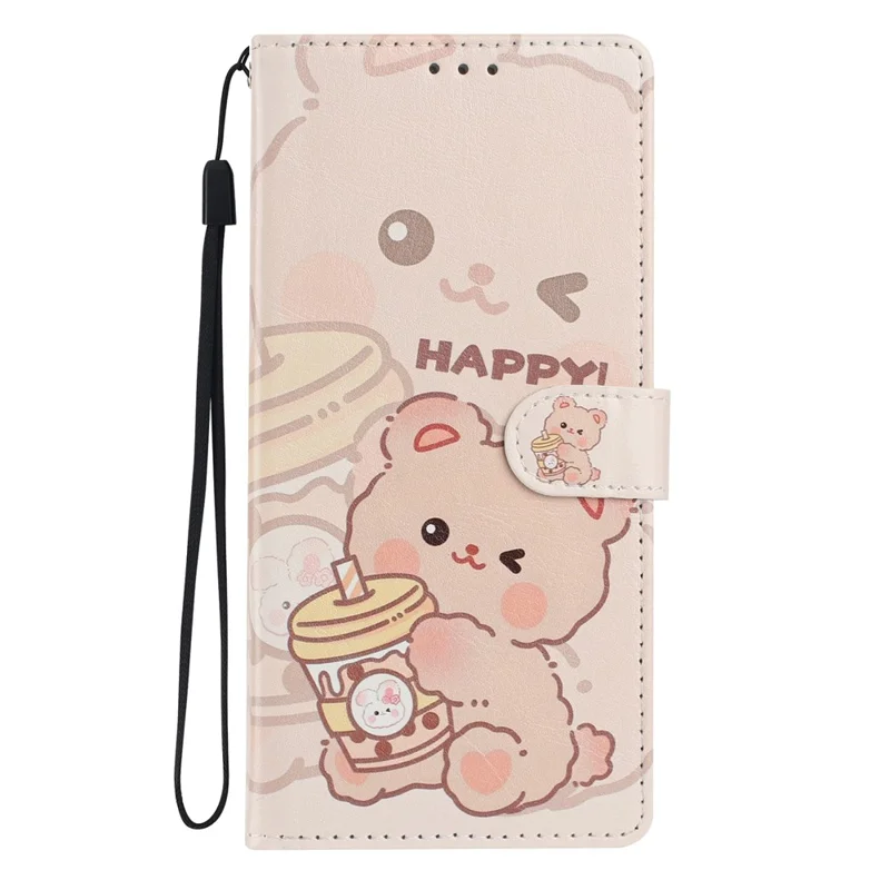 For Google Pixel 11 Pro XL Wallet Case Pattern Printing PU Leather Stand Flip Phone Cover with Wrist Strap - Milk Tea Bear