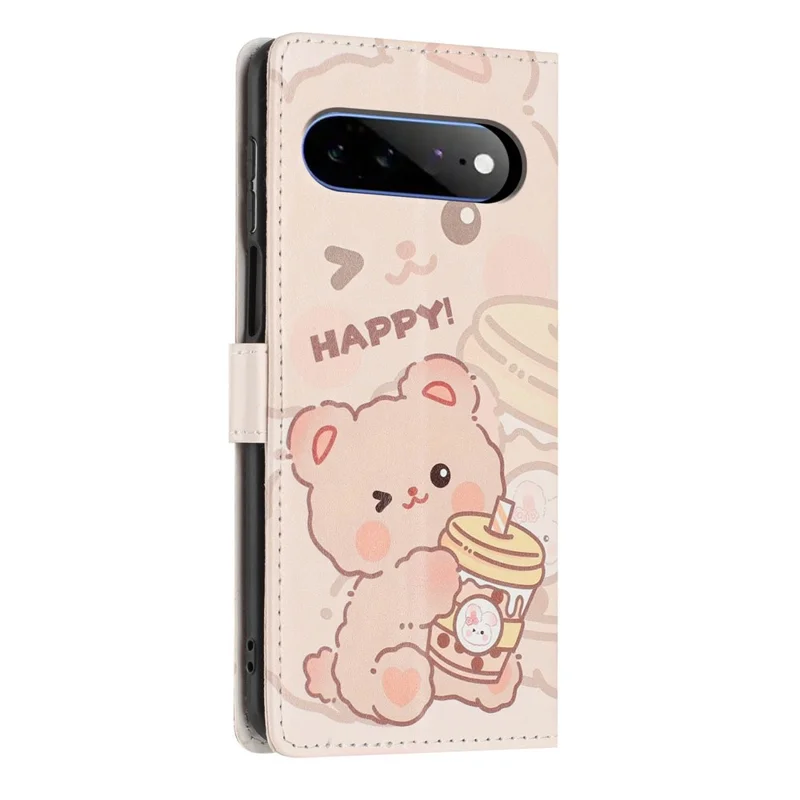 For Google Pixel 11 Pro XL Wallet Case Pattern Printing PU Leather Stand Flip Phone Cover with Wrist Strap - Milk Tea Bear