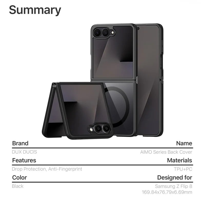 DUX DUCIS Aimo Series For Samsung Galaxy Z Flip8 Magnetic Case PC + TPU Clear Back Phone Cover (REACH Certification) - Black