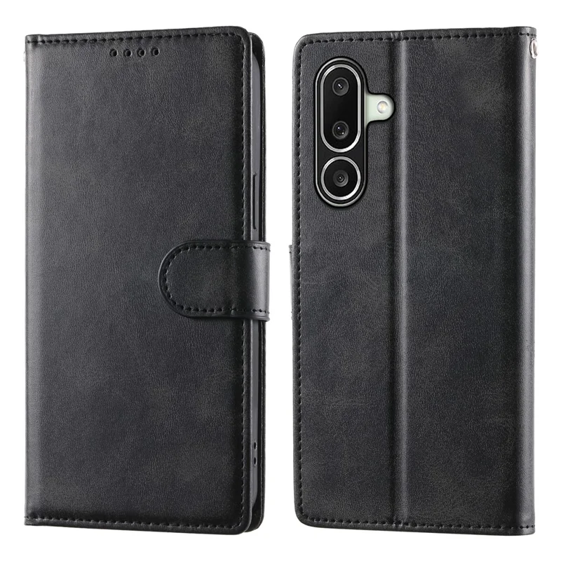 For Samsung Galaxy A27 Phone Case Stand Wallet Calf Texture PU Leather Flip Phone Cover with Wrist Strap - Black