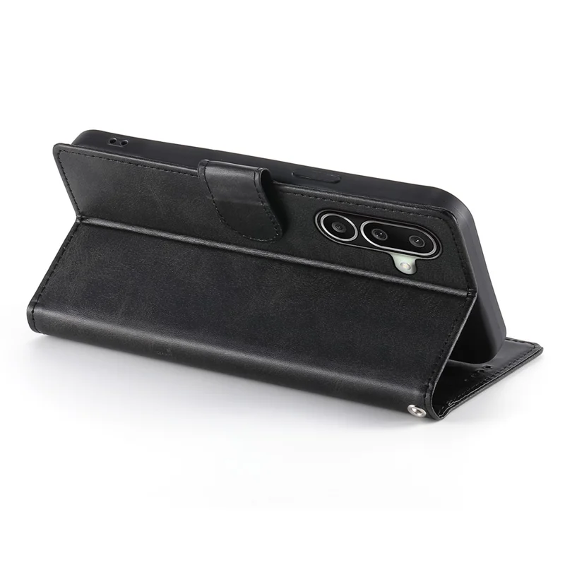 For Samsung Galaxy A27 Phone Case Stand Wallet Calf Texture PU Leather Flip Phone Cover with Wrist Strap - Black