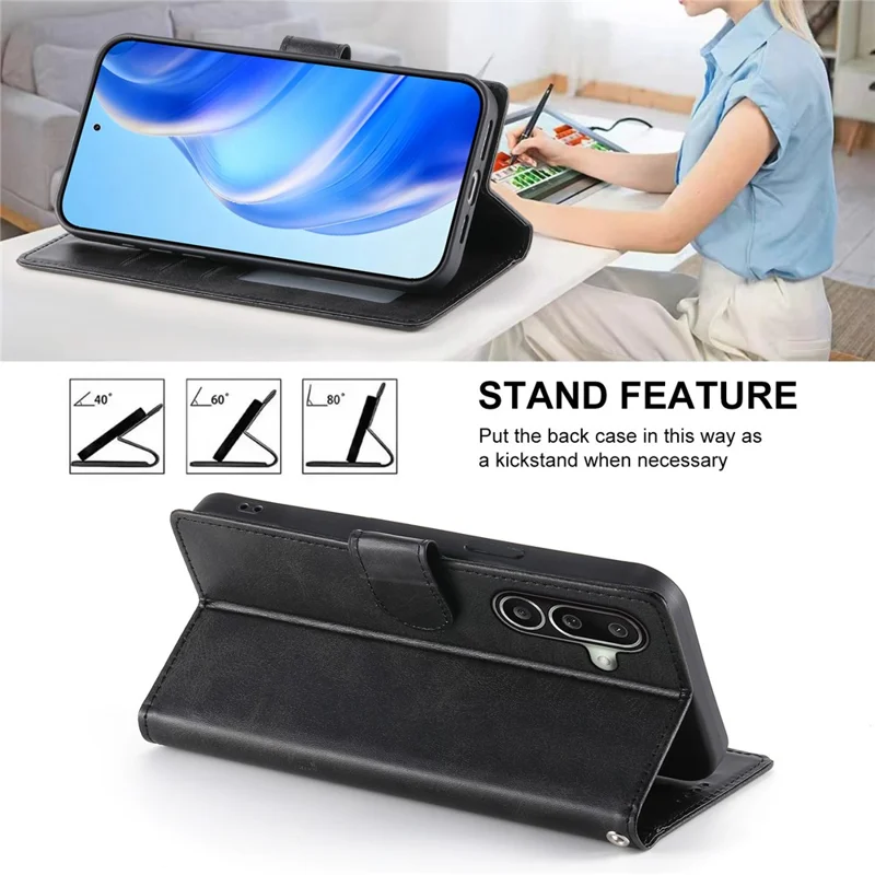 For Samsung Galaxy A27 Phone Case Stand Wallet Calf Texture PU Leather Flip Phone Cover with Wrist Strap - Black