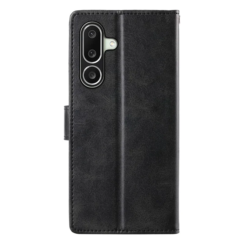 For Samsung Galaxy A27 Phone Case Stand Wallet Calf Texture PU Leather Flip Phone Cover with Wrist Strap - Black