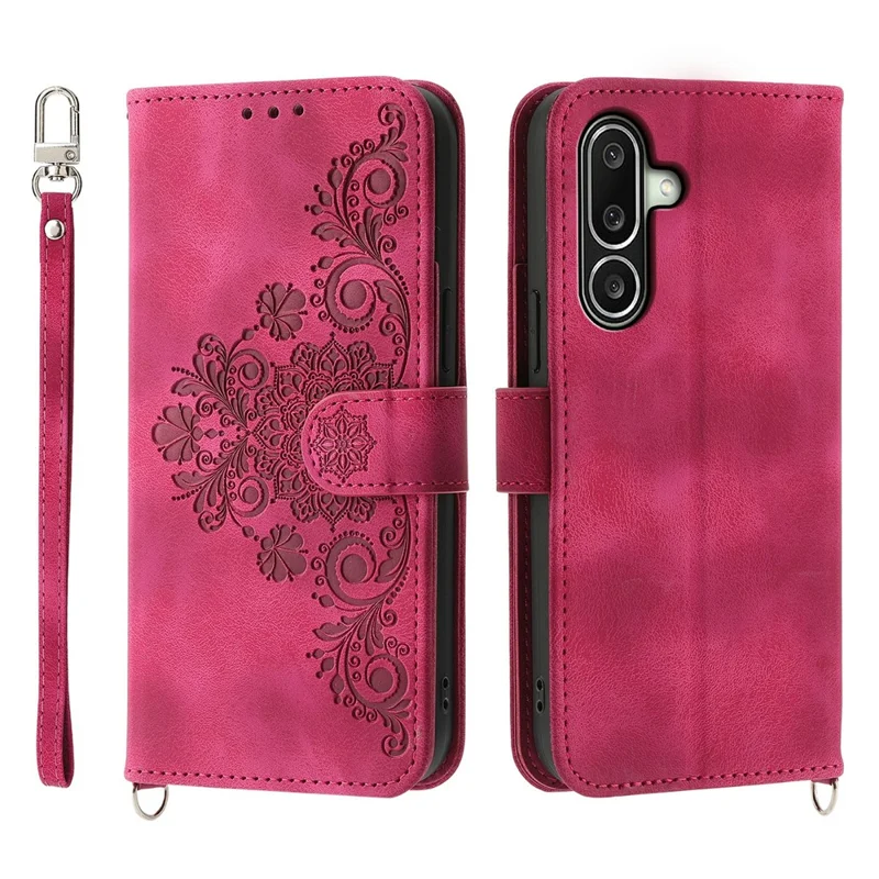For Samsung Galaxy A27 5G Wallet Case Flower Pattern PU Leather Phone Cover with Strap - Wine Red