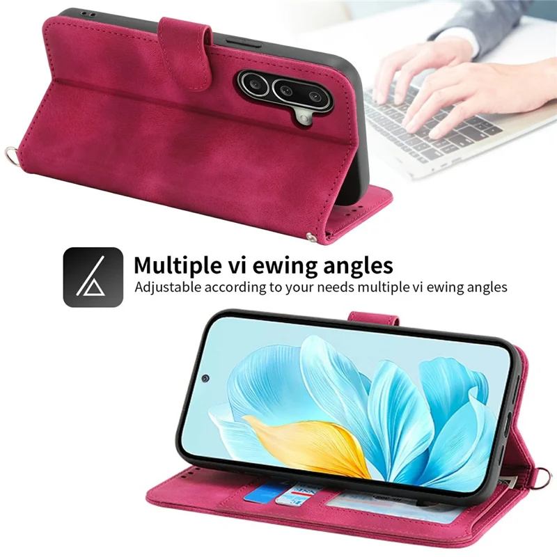For Samsung Galaxy A27 5G Wallet Case Flower Pattern PU Leather Phone Cover with Strap - Wine Red