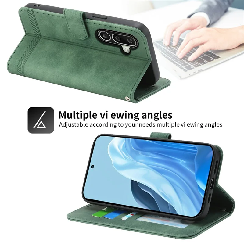 DIERFENG DF-03 til Samsung Galaxy A27 Læderlomme med Linjeprægning, Telefonbeskytter med Håndledsrem - Grøn