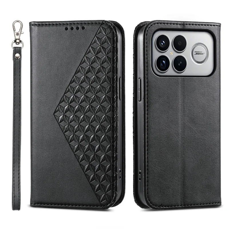 For Xiaomi Poco F8 Ultra 5G / Redmi K90 Pro Max 5G Case Calf Texture PU Leather Wallet Phone Cover with Wrist Strap - Black