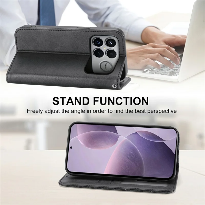For Xiaomi Poco F8 Ultra 5G / Redmi K90 Pro Max 5G Case Calf Texture PU Leather Wallet Phone Cover with Wrist Strap - Black