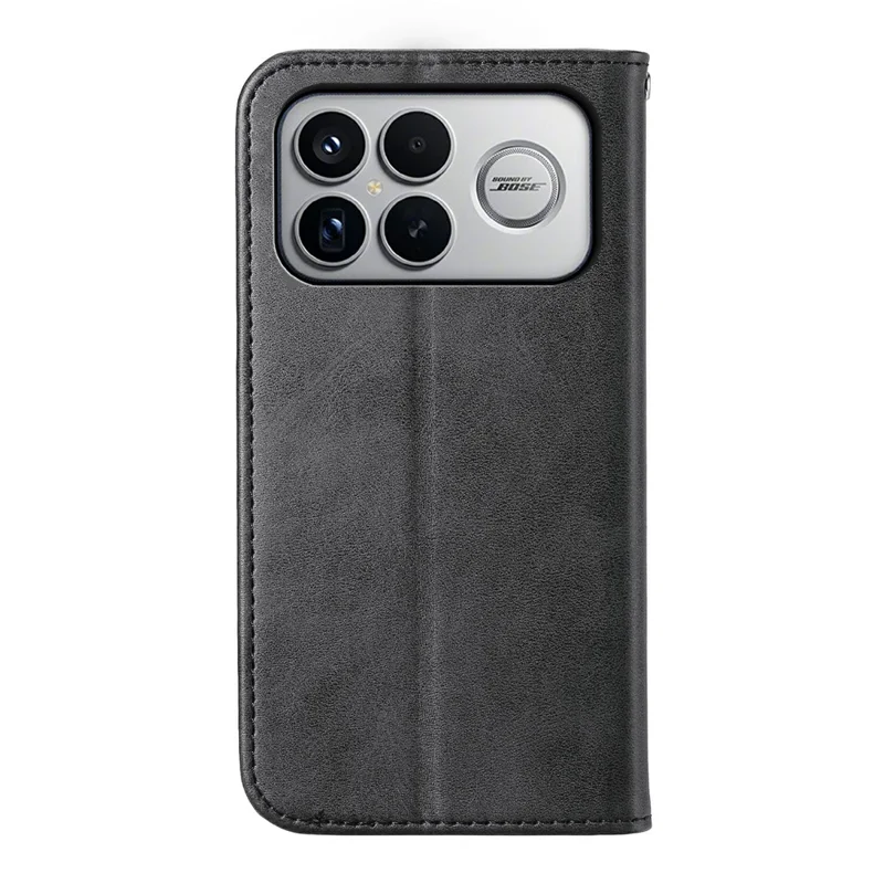 For Xiaomi Poco F8 Ultra 5G / Redmi K90 Pro Max 5G Case Calf Texture PU Leather Wallet Phone Cover with Wrist Strap - Black