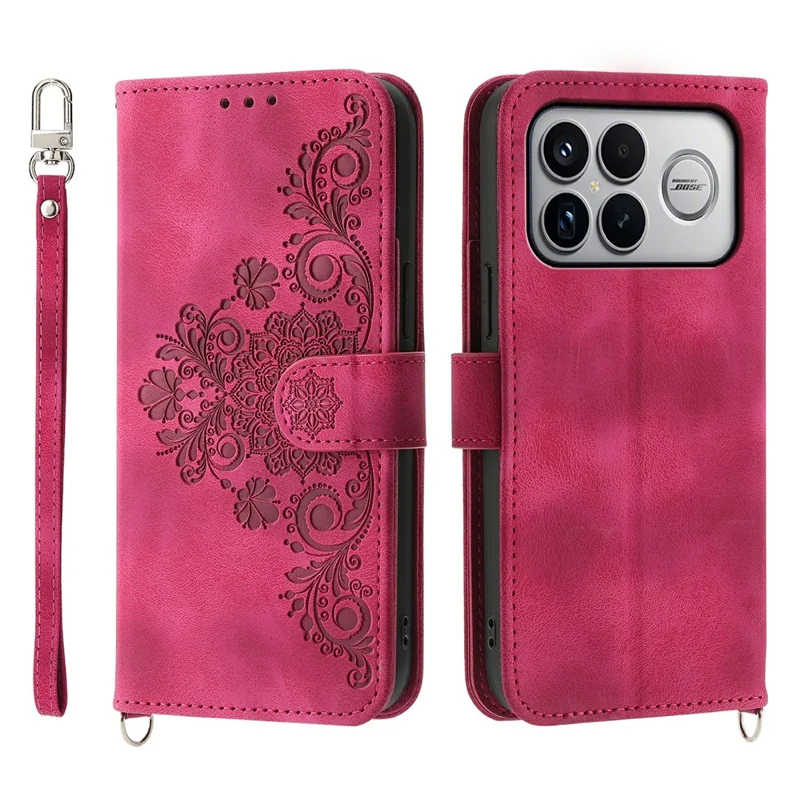 For Xiaomi Poco F8 Ultra 5G / Redmi K90 Pro Max 5G Wallet Case Flower Pattern PU Leather Phone Cover with Strap - Wine Red