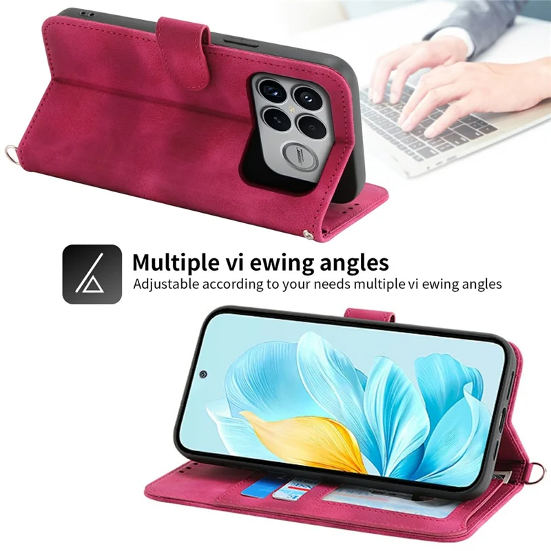 For Xiaomi Poco F8 Ultra 5G / Redmi K90 Pro Max 5G Wallet Case Flower Pattern PU Leather Phone Cover with Strap - Wine Red
