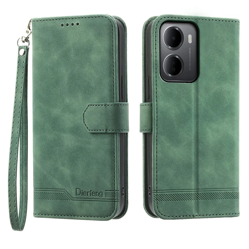 DIERFENG DF-03 For Xiaomi Redmi 15a 5G Leather Case Lines Imprint Wallet Phone Cover with Wrist Strap - Green