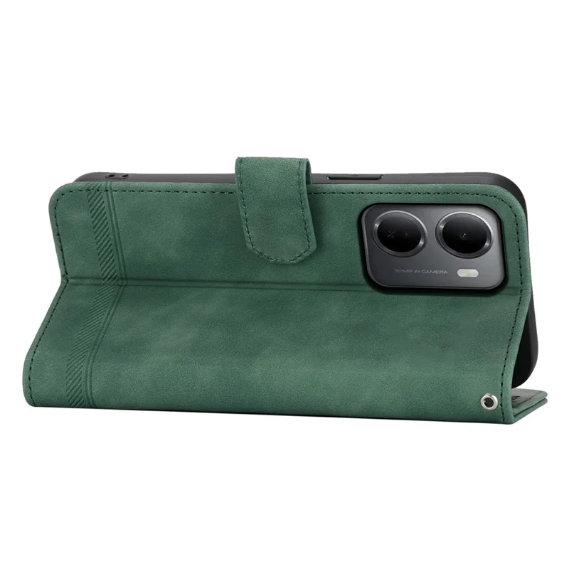 DIERFENG DF-03 For Xiaomi Redmi 15a 5G Leather Case Lines Imprint Wallet Phone Cover with Wrist Strap - Green