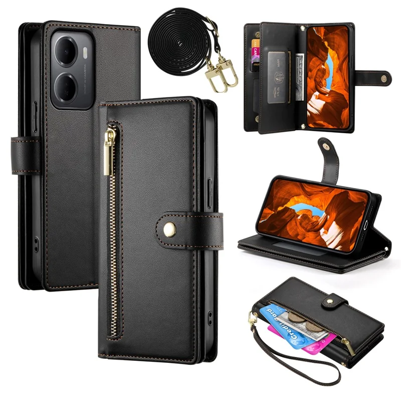 Coque en cuir pour Xiaomi Redmi 15a 5G avec pochette à fermeture éclair, portefeuille, dragonne - Noir