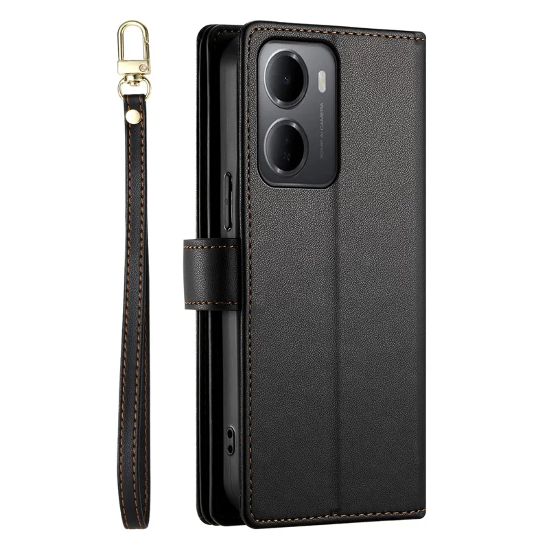 Coque en cuir pour Xiaomi Redmi 15a 5G avec pochette à fermeture éclair, portefeuille, dragonne - Noir