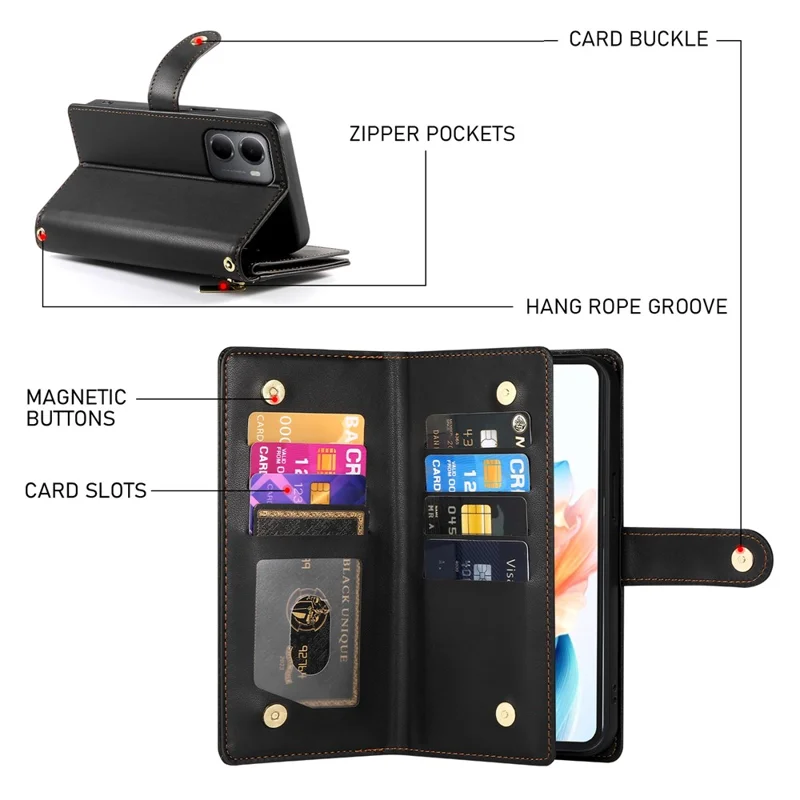 Coque en cuir pour Xiaomi Redmi 15a 5G avec pochette à fermeture éclair, portefeuille, dragonne - Noir