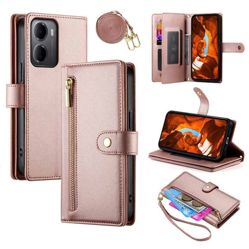 For Xiaomi Redmi 15a 5G Leather Case Zipper Pocket Wallet Phone Cover with Straps - Pink