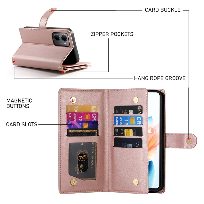 For Xiaomi Redmi 15a 5G Leather Case Zipper Pocket Wallet Phone Cover with Straps - Pink