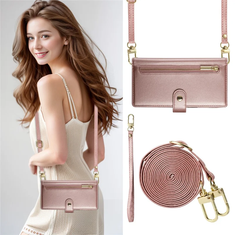 For Xiaomi Redmi 15a 5G Leather Case Zipper Pocket Wallet Phone Cover with Straps - Pink