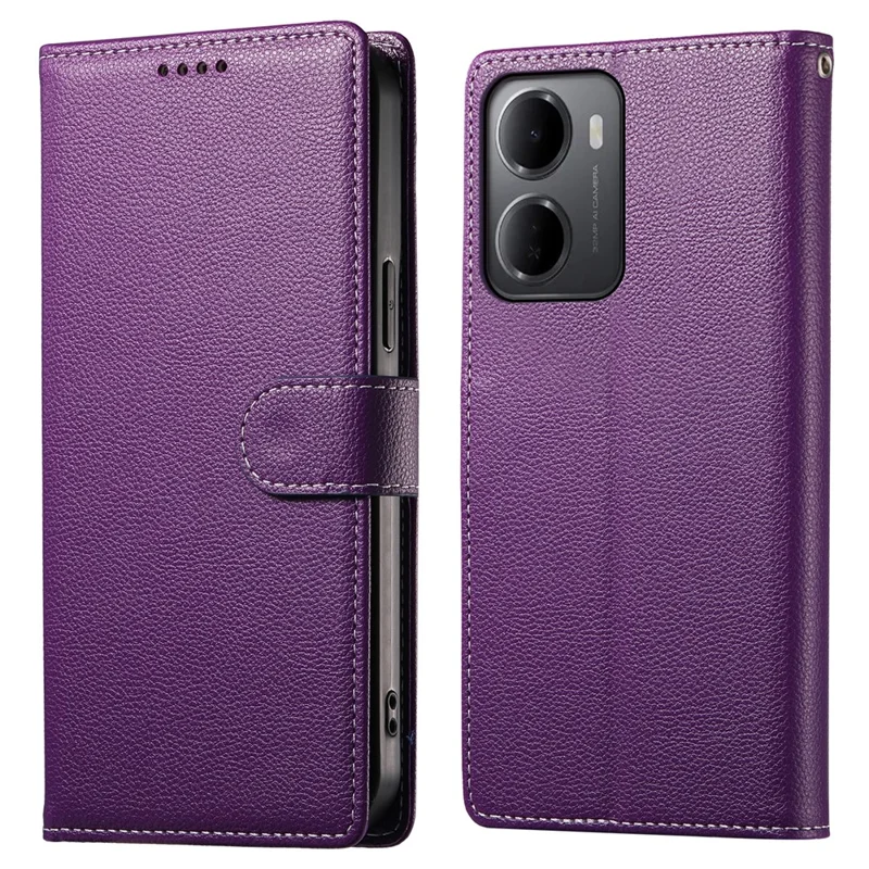For Xiaomi Redmi 15a 5G Case Magnetic Snap Litchi Texture Leather Wallet Phone Cover with Wrist Strap - Purple