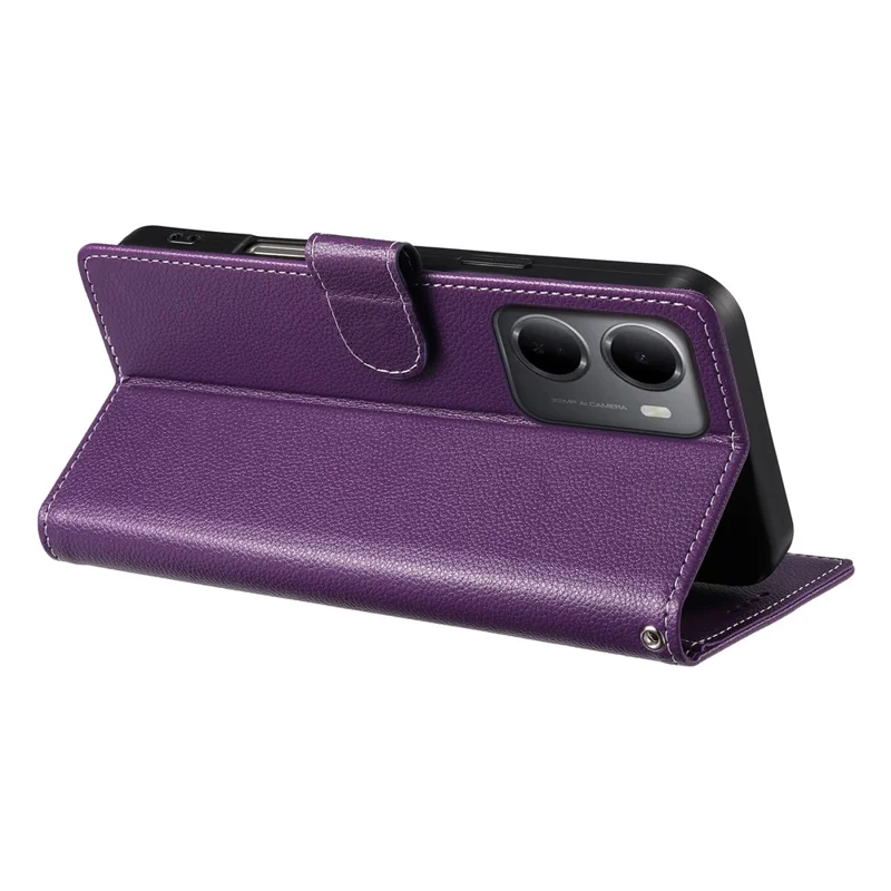 For Xiaomi Redmi 15a 5G Case Magnetic Snap Litchi Texture Leather Wallet Phone Cover with Wrist Strap - Purple