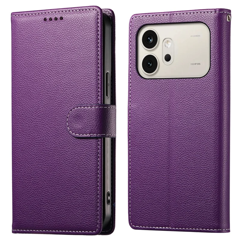 For Honor 600 5G Case Magnetic Snap Litchi Texture Leather Wallet Phone Cover with Wrist Strap - Purple