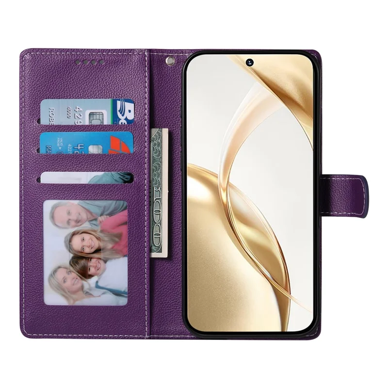 For Honor 600 5G Case Magnetic Snap Litchi Texture Leather Wallet Phone Cover with Wrist Strap - Purple