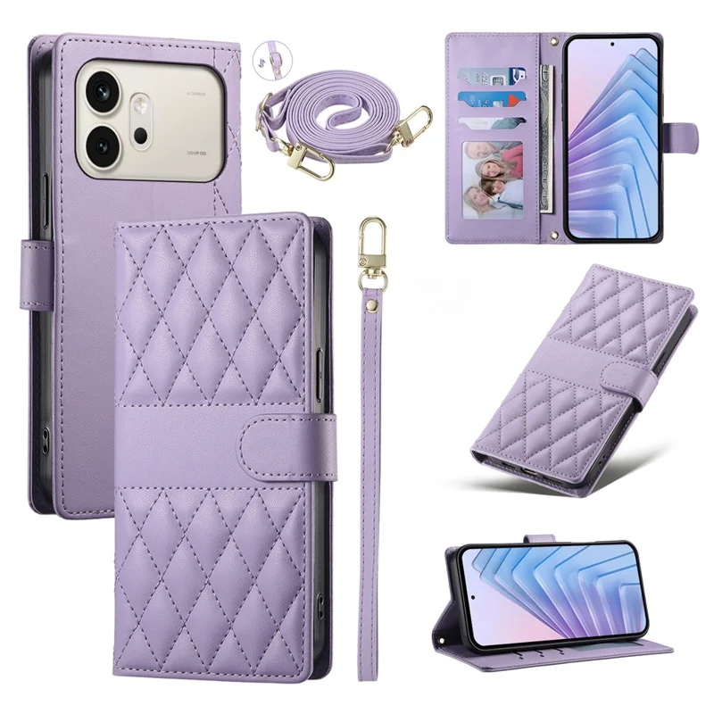 For Honor 600 5G Wallet Case Rhombus Stitching Stand Leather Phone Cover with Long   /   Short Strap - Purple
