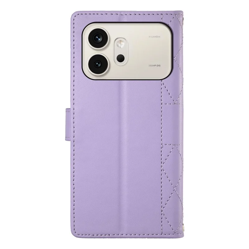 For Honor 600 5G Wallet Case Rhombus Stitching Stand Leather Phone Cover with Long   /   Short Strap - Purple