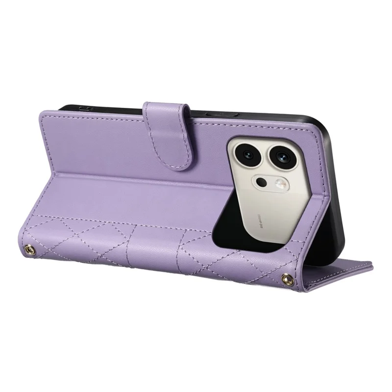 For Honor 600 5G Wallet Case Rhombus Stitching Stand Leather Phone Cover with Long   /   Short Strap - Purple