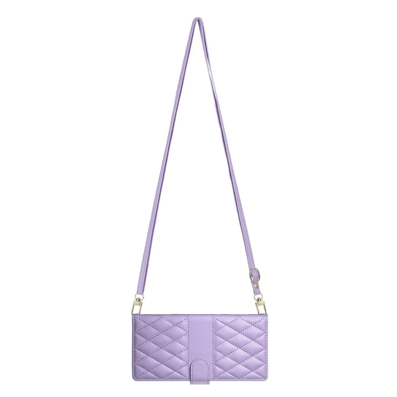 For Honor 600 5G Wallet Case Rhombus Stitching Stand Leather Phone Cover with Long   /   Short Strap - Purple