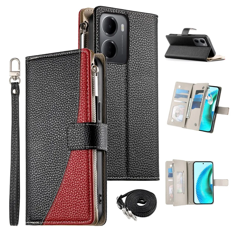 For Xiaomi Redmi 15a 5G Leather Case Zipper Wallet Color Splicing Flip Phone Cover with Straps - Black