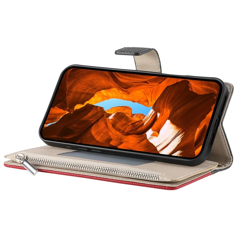 For Honor 600 5G Læder Taske med lynlås, farvesplejsning, flip telefonbeskyttelse med stropper - Sort