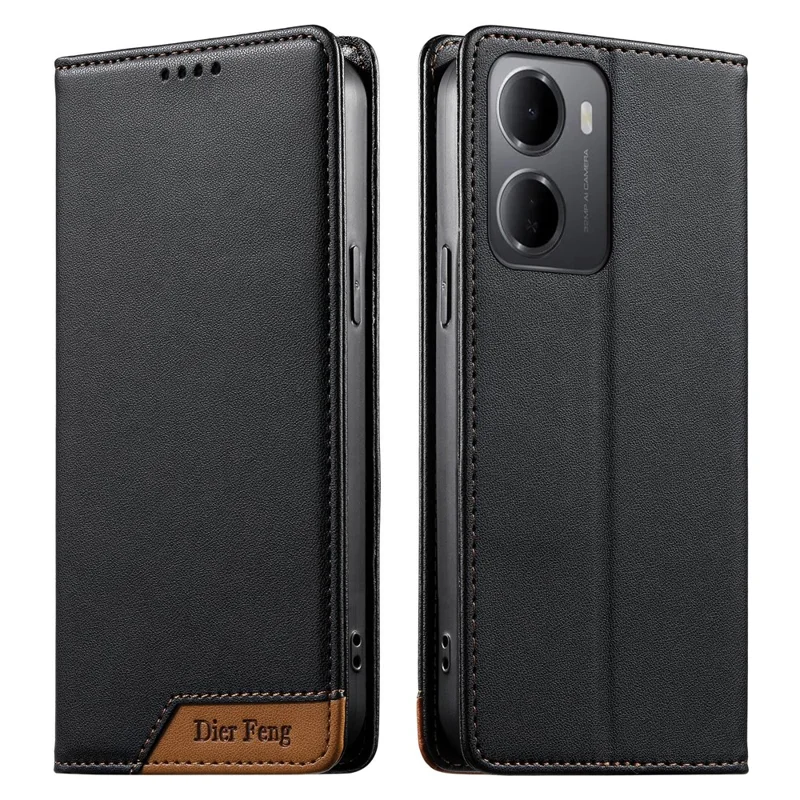 DIERFENG DF-018 til Xiaomi Redmi 15a 5G Case RFID-blokerende walletlæderdæksel med farvesplejsning logo hjørne - Sort