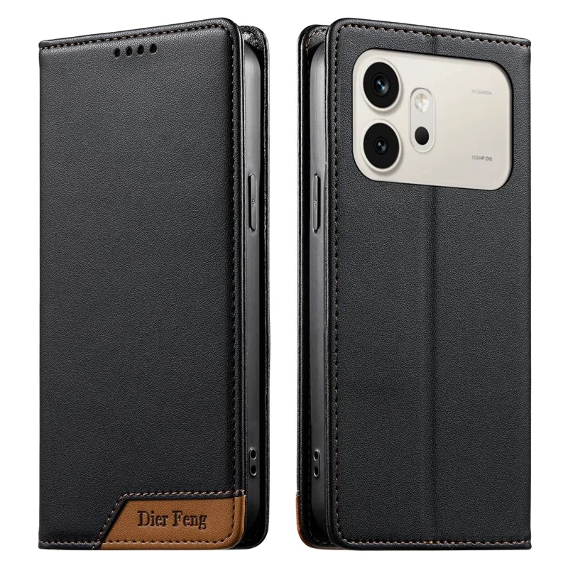 DIERFENG DF-018 pour Honor 600 5G Étui Portefeuille en Cuir avec Blocage RFID, Coque de Téléphone avec Coin du Logo en Assemblage de Couleurs - Noir