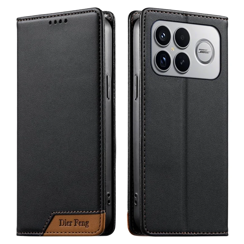 DIERFENG DF-018 til Xiaomi Poco F8 Ultra Case med RFID-blokerende wallet af læder med farvesplejsning i logo-hjørne - Sort