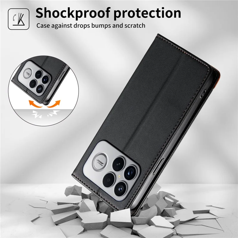 DIERFENG DF-018 til Xiaomi Poco F8 Ultra Case med RFID-blokerende wallet af læder med farvesplejsning i logo-hjørne - Sort