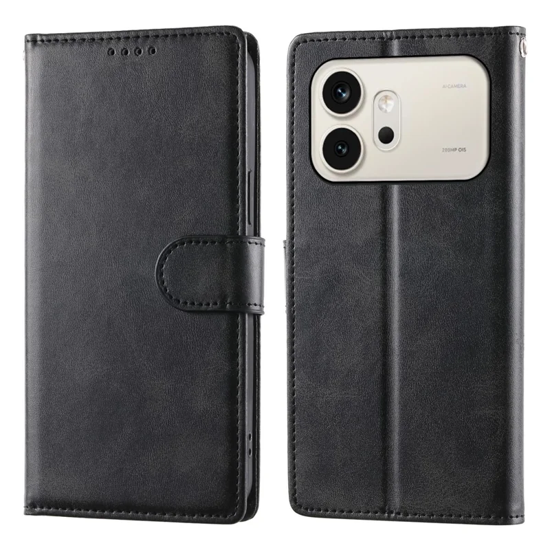 For Honor 600 5G Phone Case Stand Wallet Calf Texture PU Leather Flip Phone Cover with Wrist Strap - Black