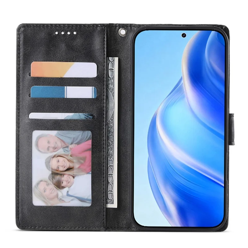 For Honor 600 5G Phone Case Stand Wallet Calf Texture PU Leather Flip Phone Cover with Wrist Strap - Black