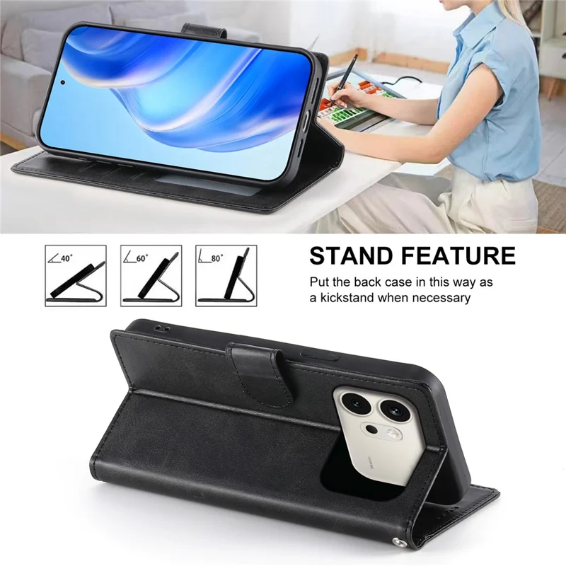 For Honor 600 5G Phone Case Stand Wallet Calf Texture PU Leather Flip Phone Cover with Wrist Strap - Black