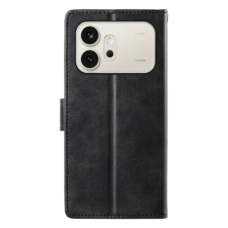 For Honor 600 5G Phone Case Stand Wallet Calf Texture PU Leather Flip Phone Cover with Wrist Strap - Black