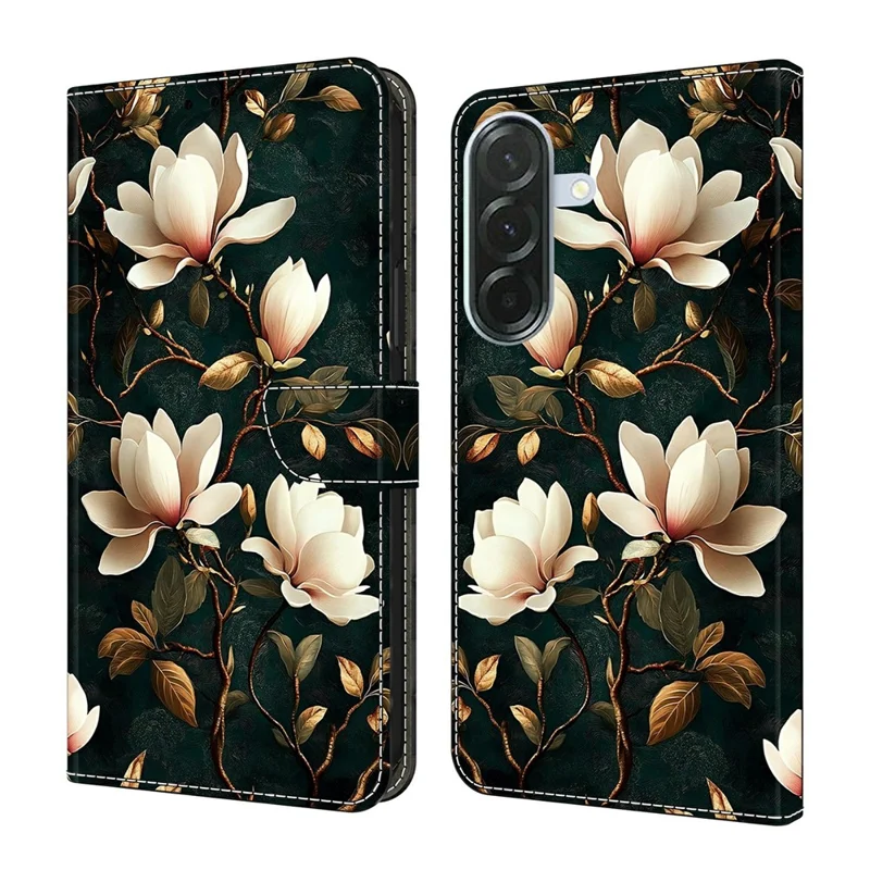 For Samsung Galaxy A56 5G Wallet Stand Case Pattern Printing Leather Phone Cover - White Magnolia
