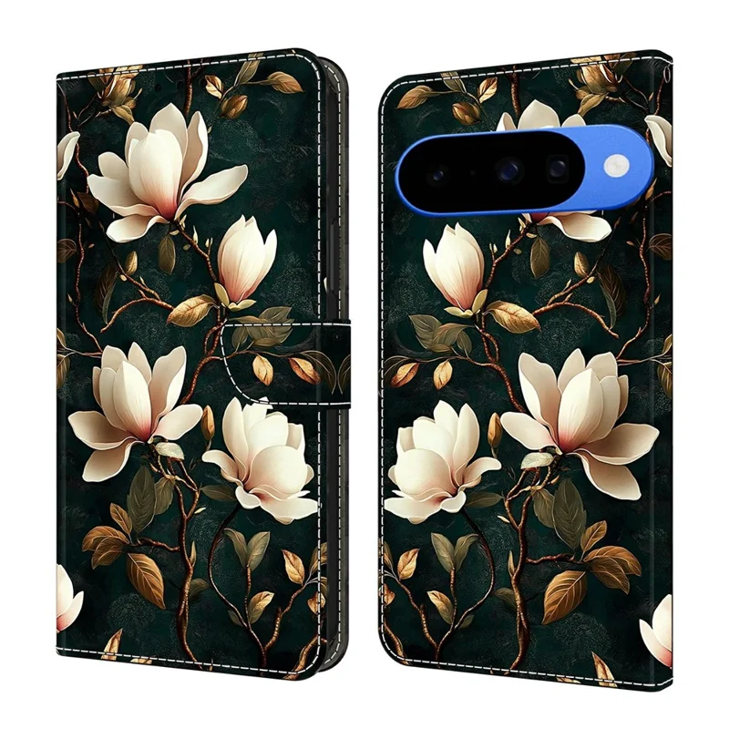 For Google Pixel 10 Pro  /  10 Wallet Stand Case Pattern Printing Leather Phone Cover - White Magnolia