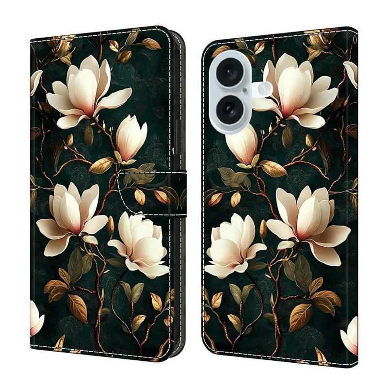 For iPhone 17 Wallet Stand Case Pattern Printing Leather Phone Cover - White Magnolia