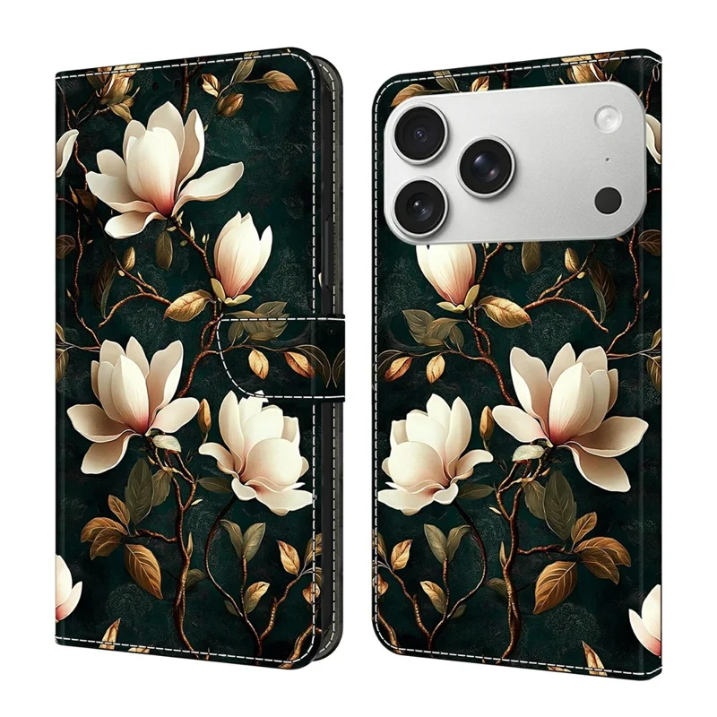 For iPhone 17 Pro Wallet Stand Case Pattern Printing Leather Phone Cover - White Magnolia