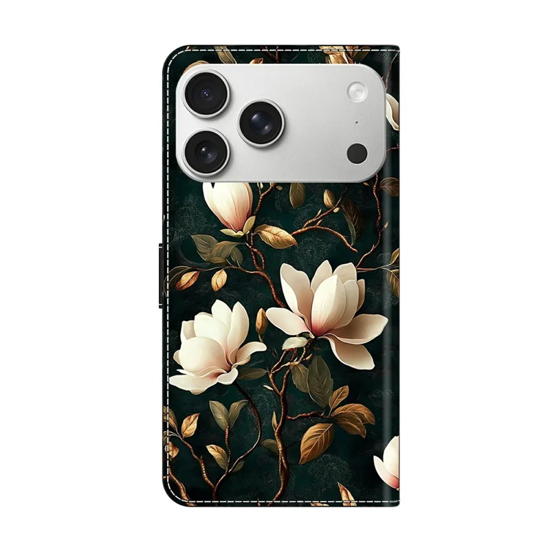 For iPhone 17 Pro Wallet Stand Case Pattern Printing Leather Phone Cover - White Magnolia