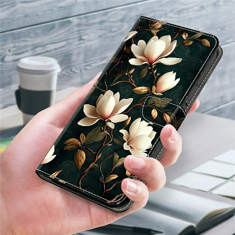 For iPhone 17 Pro Wallet Stand Case Pattern Printing Leather Phone Cover - White Magnolia