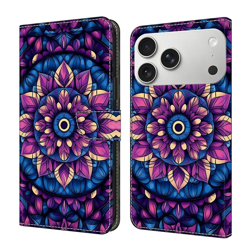 For iPhone 17 Pro Max Wallet Stand Case Pattern Printing Leather Phone Cover - Indigo Mandala